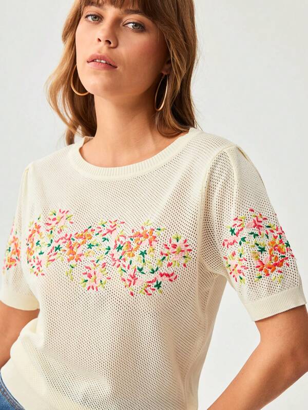 Wildy American Western Country Leisure Vacation Beige Sheer Embroidered Boho Short Sleeve Knitted Cover Up
