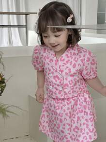 Set de 2 piezas Conjunto de chaqueta cortavientos de leopardo de doble botonadura elegante y minifalda para niña bebé, adecuado para paseos en primavera/verano - Rosa - Ver 4