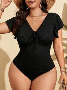 SHEIN Swim Curve Plus Size Women V-Neck Black Drawstring Ruffle Sleeve Wide Ribbed Textured One-Piece Swimsuit, Fashionable Casual Resort Wear - Black - View 3
