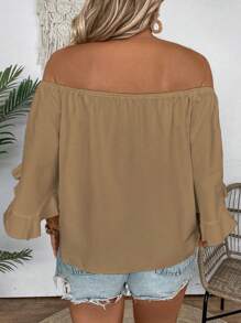 SHEIN LUNE Plus Size Women Vacation Plain Off Shoulder Ruffle Sleeve Fashion Shirt - Khaki - View 2
