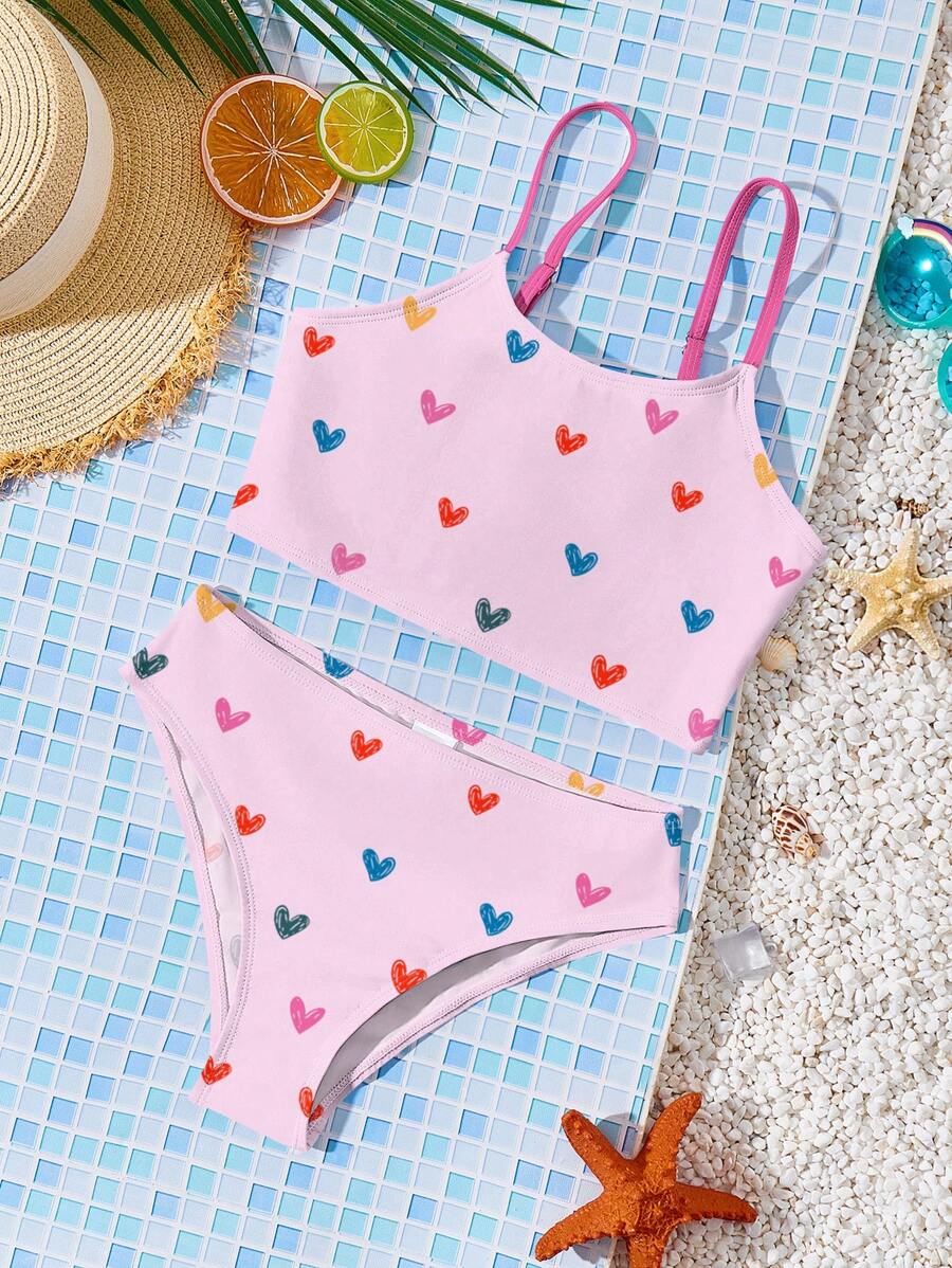 SHEIN Tween Girls Cute Colorful Handpainted Heart Print, Pink Casual Minimalist Camisole & Briefs Swimwear Set, Suitable For Summer - Pink - View 1