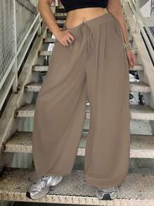 Flirla Plus Size Women Wide Leg Casual Loose Drawstring Pants For New Year Clothes - Coffee Brown - View 5