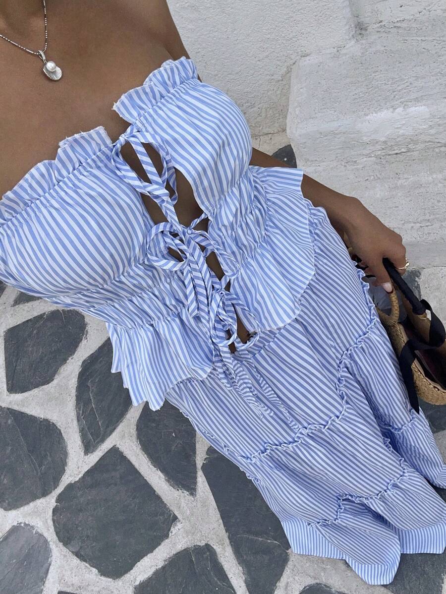 SHEIN SunnyBelle Fashionable Striped Tie Front Set - Sexy Bandeau Crop Top + Patchwork Ruffled Skirt - Blue and White - View 1