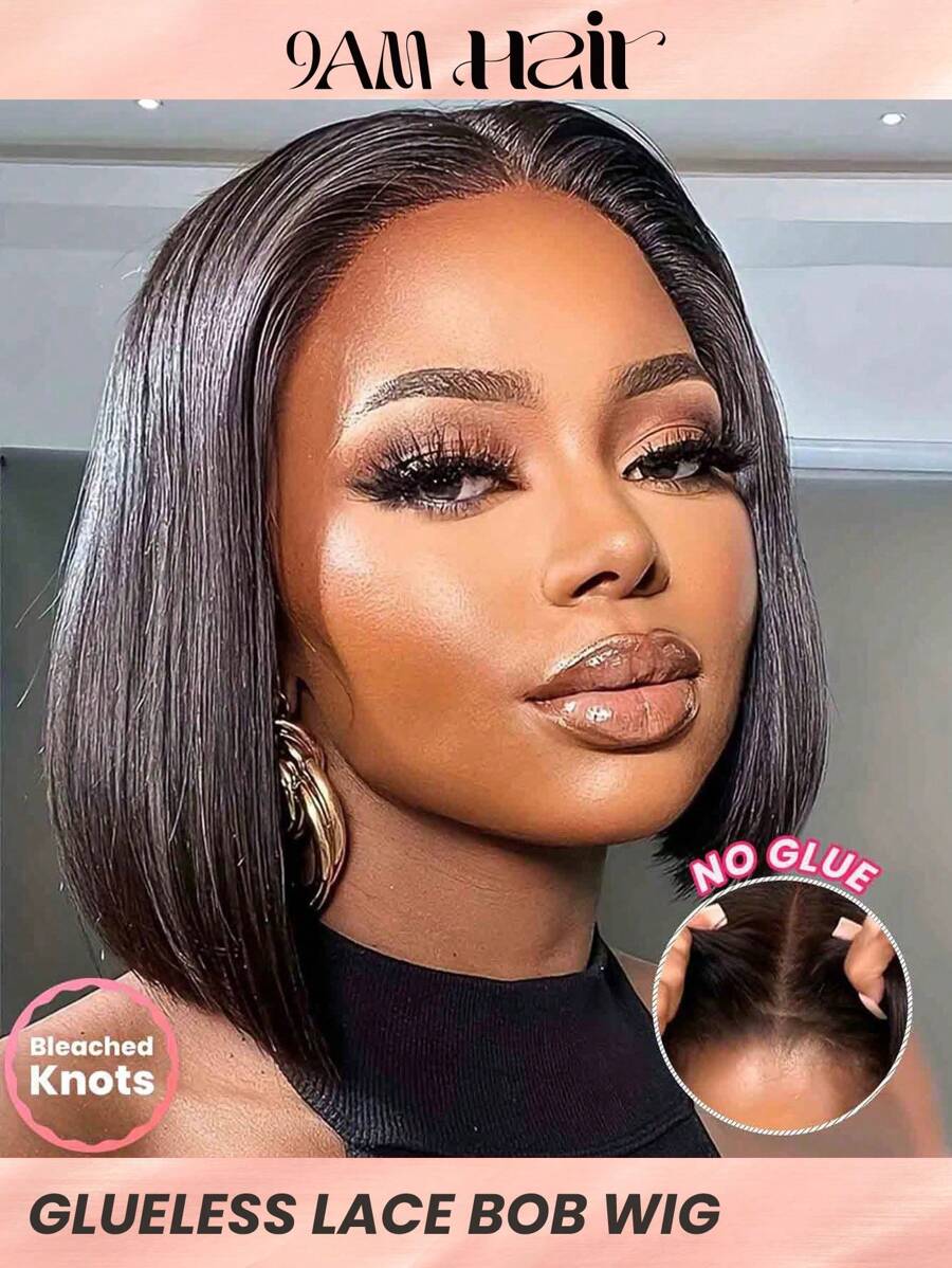 Glueless Straight Bob Wigs 2x4 Lace Closure Wigs Human Hair Lace Front Wigs Pre Bleached Pre Plucked Pre Cut Lace Melting Lace Hairline Silky Wear & Go Beginner Friendly - Natural Black - View 1
