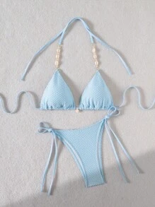 Swim Mod Solid Color Texture Two Pieces Swimwear For Vacation Beach For Summer - Baby Blue - View 4