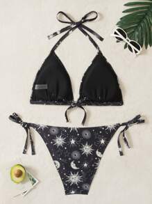 SHEIN Swim Curve Plus Size Women 2pcs/Set Galaxy Print Casual Swimsuit Set - Black - View 2