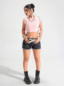SHEIN EZwear Women's Summer Fashion Rhinestone Frayed Hem Denim Shorts