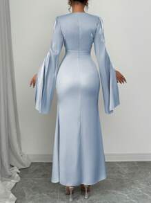 Rafferiza Women's Elegant Gathered Waist Fishtail Hem Cocktail Dress With Flare Sleeves, Shiny Fabric, Autumn/Winter Maxi Women Outfit Fall Cloth For Women