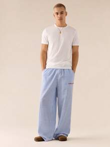 SWAVVY Men's Casual Woven Striped Patchwork Waistband Relaxed Fit Straight Leg Pants, School