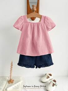 Cozy Pixies 2pcs/Set Toddler Girls Floral Embroidery Collar Bubble Sleeve Top And Elastic Waist Pants