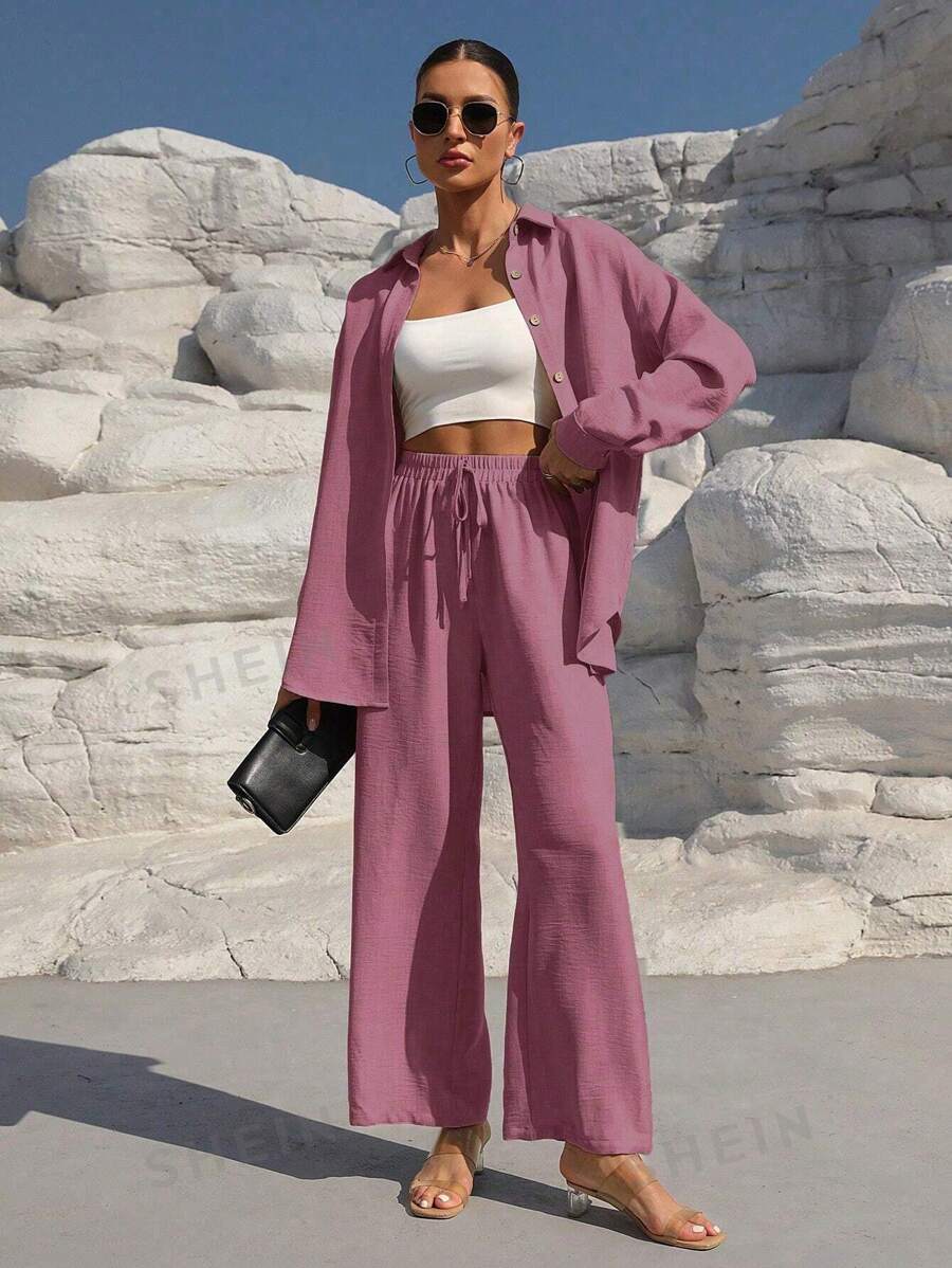 SHEIN LUNE Conjunto de 2 piezas de blusa de manga larga con hombros caídos y pantalones de unicolor, informal y holgado, para mujer