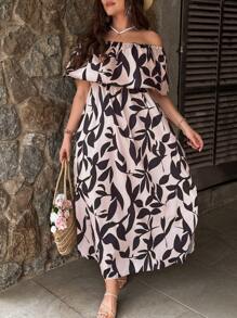 SHEIN VCAY Plus Size Women Plant Print Off Shoulder Ruffle Hem Vacation Dress - Multicolor - View 1