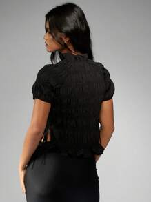 MISSGUIDED Smocked High Neck Crop Top Summer Puff Sleeve Fashion Blouse Side Tie Short Women Casual Party Evening Ruffle Hem Shirred Top Festival