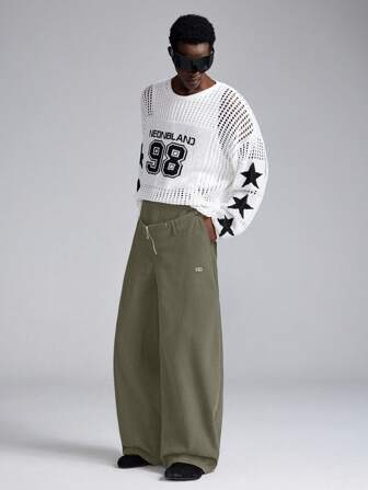 NEON BLANC Pantalon long ample à taille double brodé, style de rue pour homme