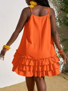 Slaydiva Váy suông hở vai màu trơn đơn giản cho kỳ nghỉ của phụ nữ - trái cam - Xem 2