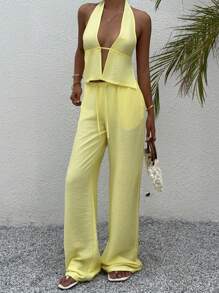 Sunnyshic Set da 2 pezzi: Crop top in lino giallo con scollo a V profondo e schienale aperto e pantaloni larghi a vita bassa con laccetti, casual, sexy ed elegante, outfit da spiaggia e vacanza estiva per donne