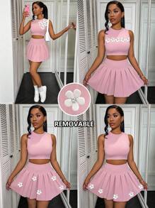 BamGleam Floral Decor Round Neck Sleeveless Top & Pleated Skirt Set - Pink - View 7