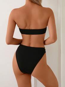 Swim Mod 2pcs Women Floral Print Strapless Bikini Set, Summer Beach Party - Black - View 2