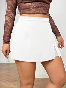 SHEIN EZwear Falda corta de mujer talla grande, color negro sólido minimalista en corte A, informal para uso diario, ropa de invierno para mujer