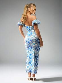 MISSGUIDED 露肩瓷印花泡芙袖Midaxi连衣裙夏季地中海蓝白图案Bodycon花园派对婚礼客人茶长高时尚