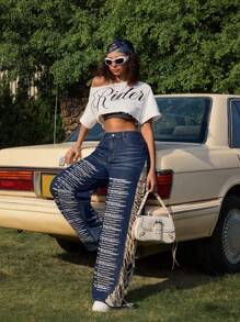 SHEIN ICON 女式时尚标语印花破洞阔腿牛仔裤