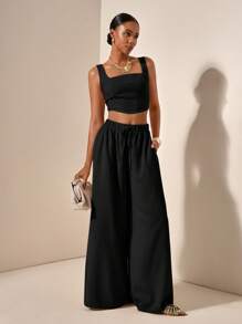 Zivah Nuevo conjunto de 2 piezas: Top con tirantes en forma de espina de pescado y pantalones de pierna ancha con bolsillos, tela texturizada, conjunto casual de vacaciones - B - Negro - Ver 4