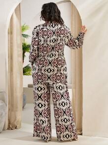 RueChic Plus Size Women's Spring & Summer Allover Print Long Sleeve Blouse And Pants 2-Piece Casual Outfit - Green - View 2