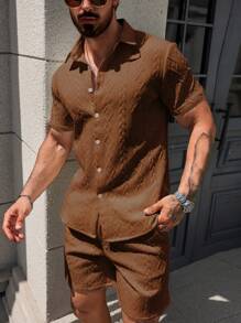 Manfinity CasualCool 2 件男士短袖单排扣衬衫和短裤套装男士衬衫套装男士衬衫套装，男士棕色套装，男士 2 件套棕色套装，男士两件套棕色，男士棕色套装 - 棕色 - 查看 4