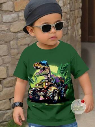 SHEIN Dinosaur Print Casual Cartoon Loose Fit T-Shirt For Young Boys, Round Neck, Short Sleeve, Suitable For Summer Green Tshirt For Boys
