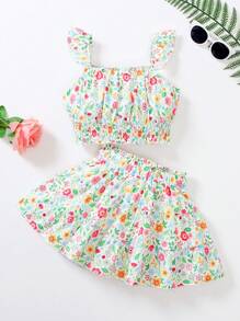 SHEIN Conjunto de 2 piezas de blusa de manga corta con estampado floral y falda para niña