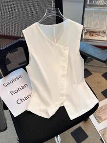 Franclia 优雅修身小 V 领无袖前扣白色衬衫，春夏女装 - 白色 - 查看 1