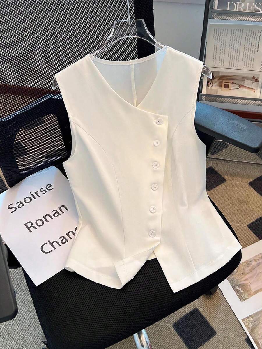 Franclia 优雅修身小 V 领无袖前扣白色衬衫，春夏女装 - 白色 - 查看 1