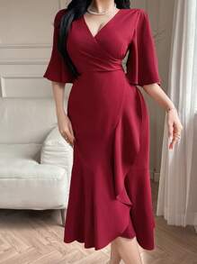 DAZY 女士优雅纯色裹身中长连衣裙，红色荷叶边女装