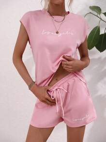 SHEIN LUNE 2 件套女士夏季休闲字母印花背心和短裤套装 - 淺粉色 - 查看 6