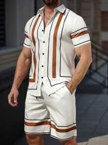 Manfinity Homme Men's Casual Front Button Short Sleeve Top And Shorts 2 Pieces Set