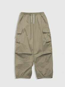 ROMWE MEN Street Life Men's Plain Pocket Casual Pants, Simple & Fashionable, Suitable For Summer - Khaki - View 3