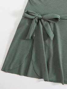 SHEIN Beach Summer Outfit For Women: Solid Color Tie-Up Bowknot Flared Hem Elegant One Piece Swimsuit - Green - View 8