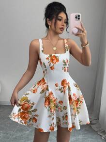 Elenzga Đầm mini không tay cổ vuông in hoa dành cho nữ, phong cách ngày lễ - Nhiều màu - Xem 6