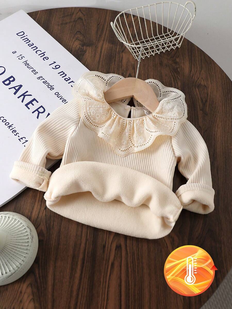SHEIN Vintaside Kids Baby Girls Autumn/Winter Elegant Embroidered Lace Trim Knitted Basic Blouse