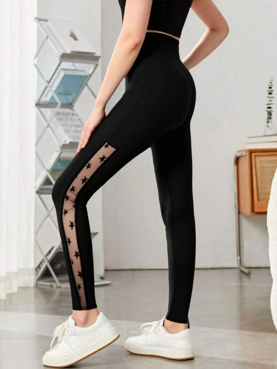 Teen Girl Black Star Pattern Mesh Patchwork Grey Leggings
