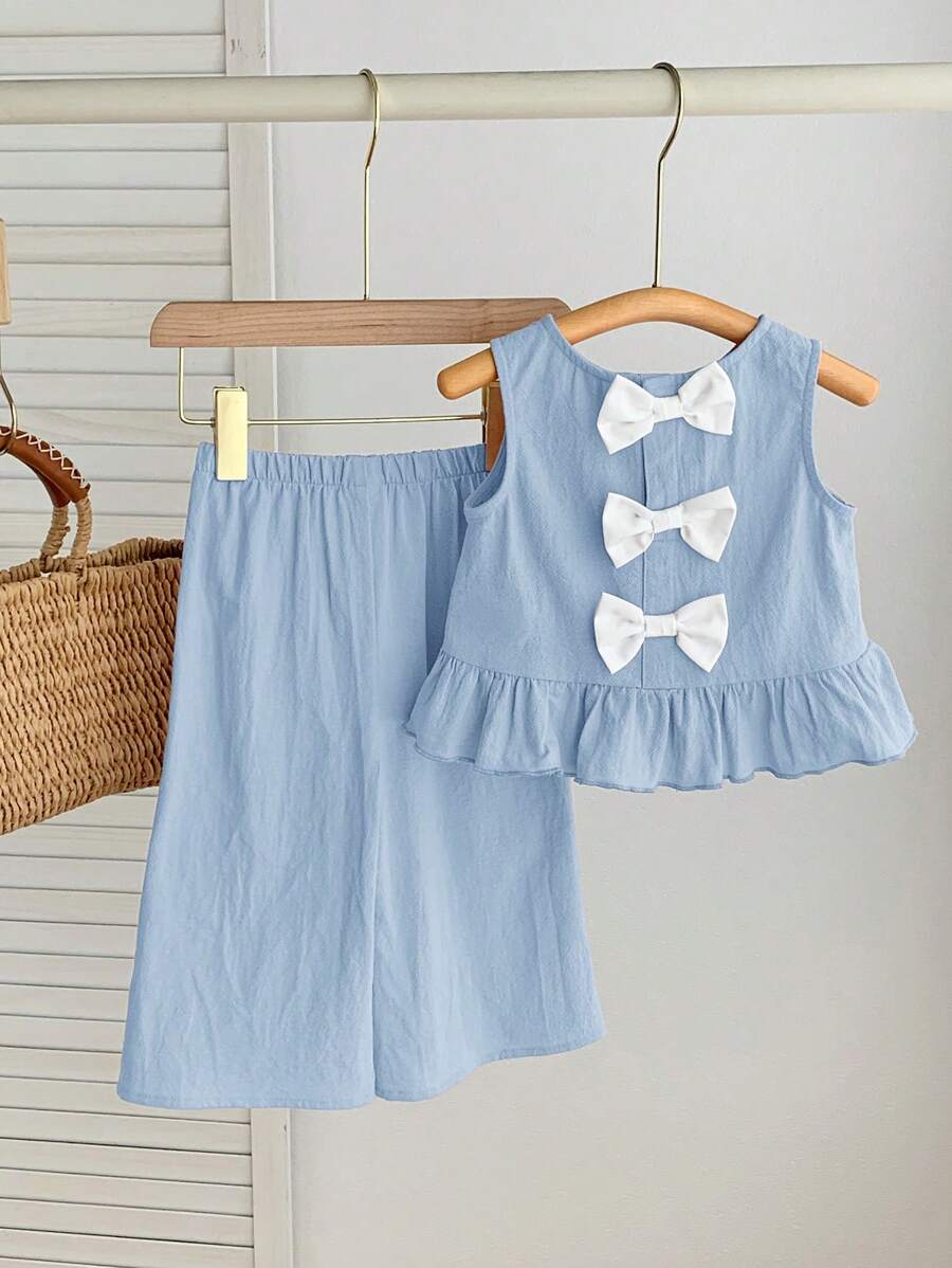 SHEIN Babygirl 可爱蝴蝶结后背背心和松紧腰裤套装，夏日假期