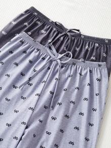 SHEIN 2件套/组 全印花蝴蝶结装饰休闲女式睡衣裤套装，秋冬服装 - 灰色 - 查看 3