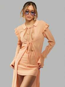 MISSGUIDED Luxury Resort Beach Two-Piece Set Maxi Shirt Cover-Up With Mini Dress Summer Holiday Ruffle Sleeve Tie-Front Lightweight Beachwear Vacation Set - Orange - View 3