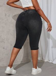 Jeans casuales de talle alto con bolsillos, botones y efecto desgastado para mujer de talla grande - Negro - Ver 2