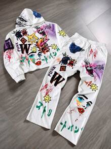 Manfinity EMRG Men Street Graffiti Punk Style Hooded Sweatshirt And Sweatpants Set