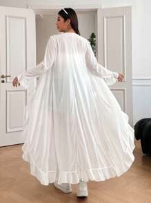 Solflare Plus Size Women's Casual Vacation Minimalist Solid Color Ruffle Sleeve Semi-Sheer Extra Long Jacket, Suitable For Spring, Summer, Autumn - White - View 1