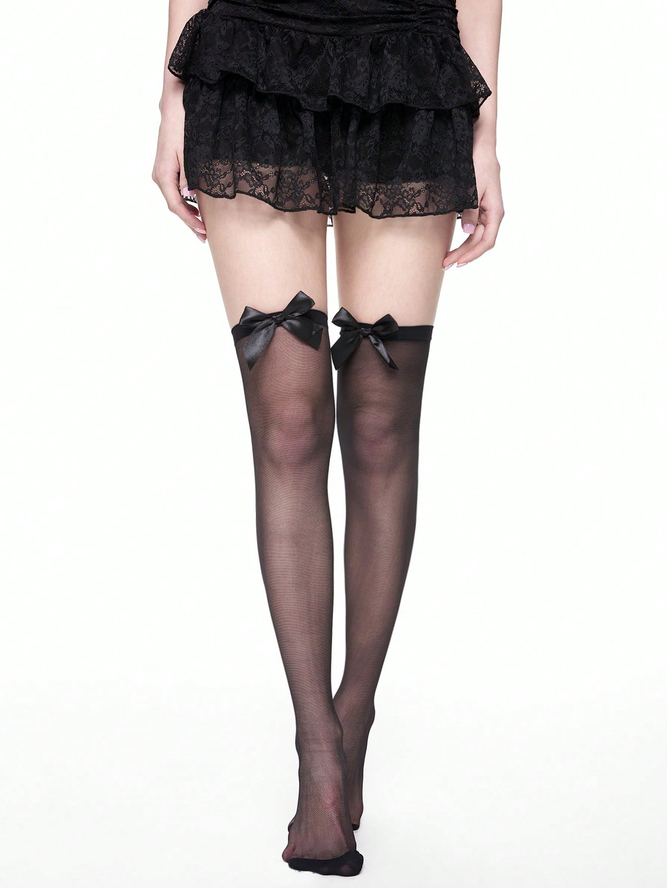 ROMWE kawaii 2 أزواج جوارب لطيف فوق الركبة ، JK Style Bow & Lace Trims Long Stockings ، الجوارب المطبوعة الجماعية | مقاس: حجم واحد