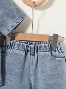 Young Boy Personalized Versatile Comfortable Casual Holiday Fashion Streetwear Elastic-Free Denim Top And Shorts Set, Thin, Summer - Medium Wash - View 6