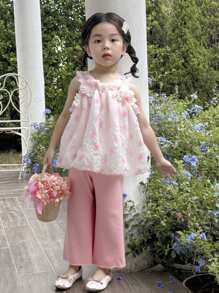 Set de 2 piezas de niña con top de tirantes con estampado de flores de pompón y pantalones de pierna ancha - Rosa - Ver 3