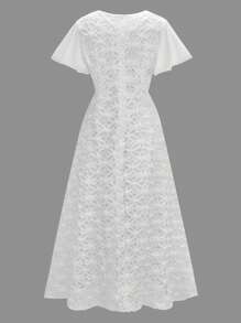 Modelyn 女式长款纯色荷叶边袖修身网眼 V 领连衣裙 - 白色 - 查看 1